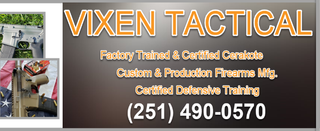 Cerakote Specialist Mobile Alabama, Vixen Tactical logo. Phone Number 251-490-0570.